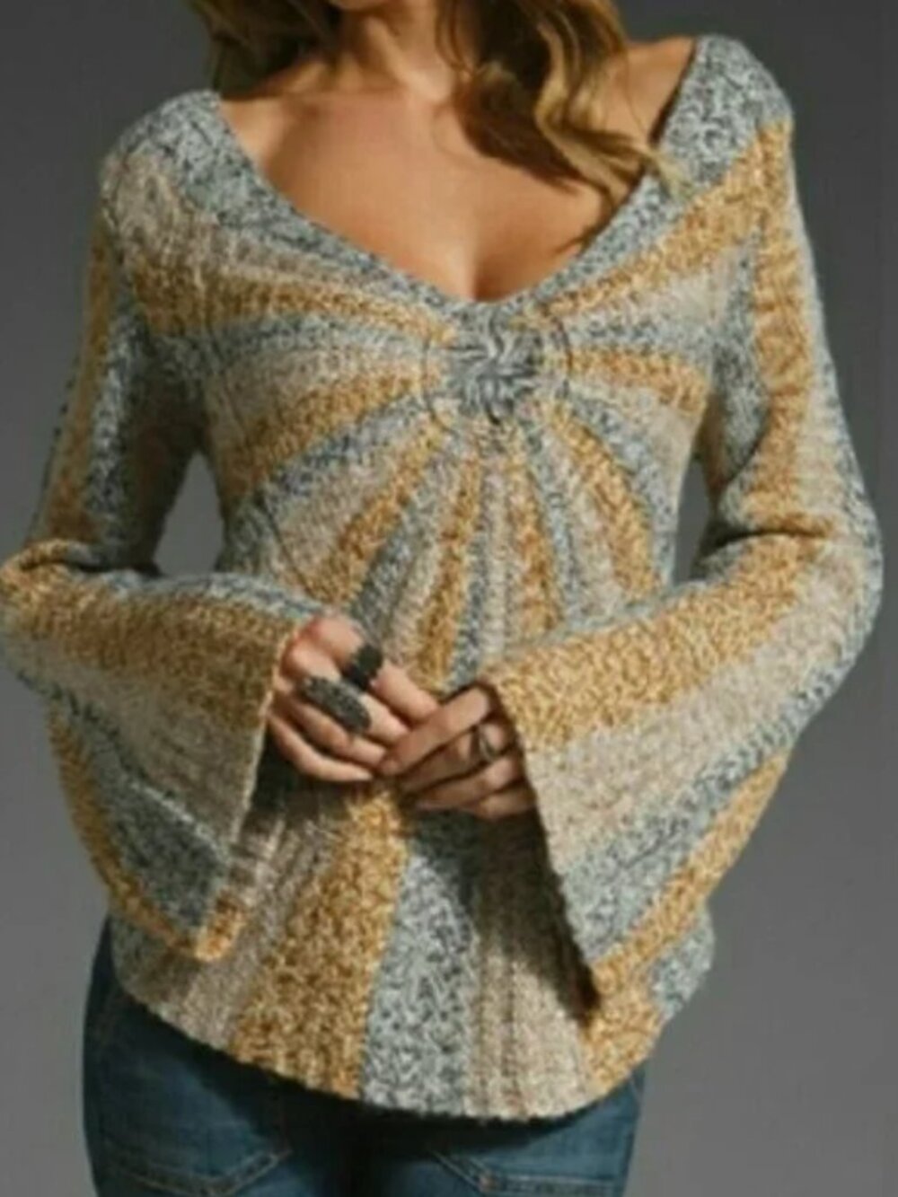 Free People Pinwheel Sunburst Wool Blend Sweater M Bell Sleeves Boho Hippie Folk
